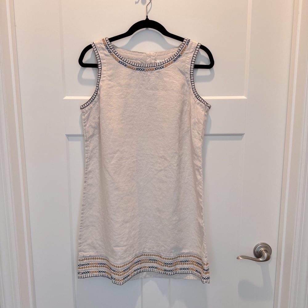Artisan Ny 100% Linen Sleeveless Sheath Dress Scoop Neck Embroidered Trim Size S
